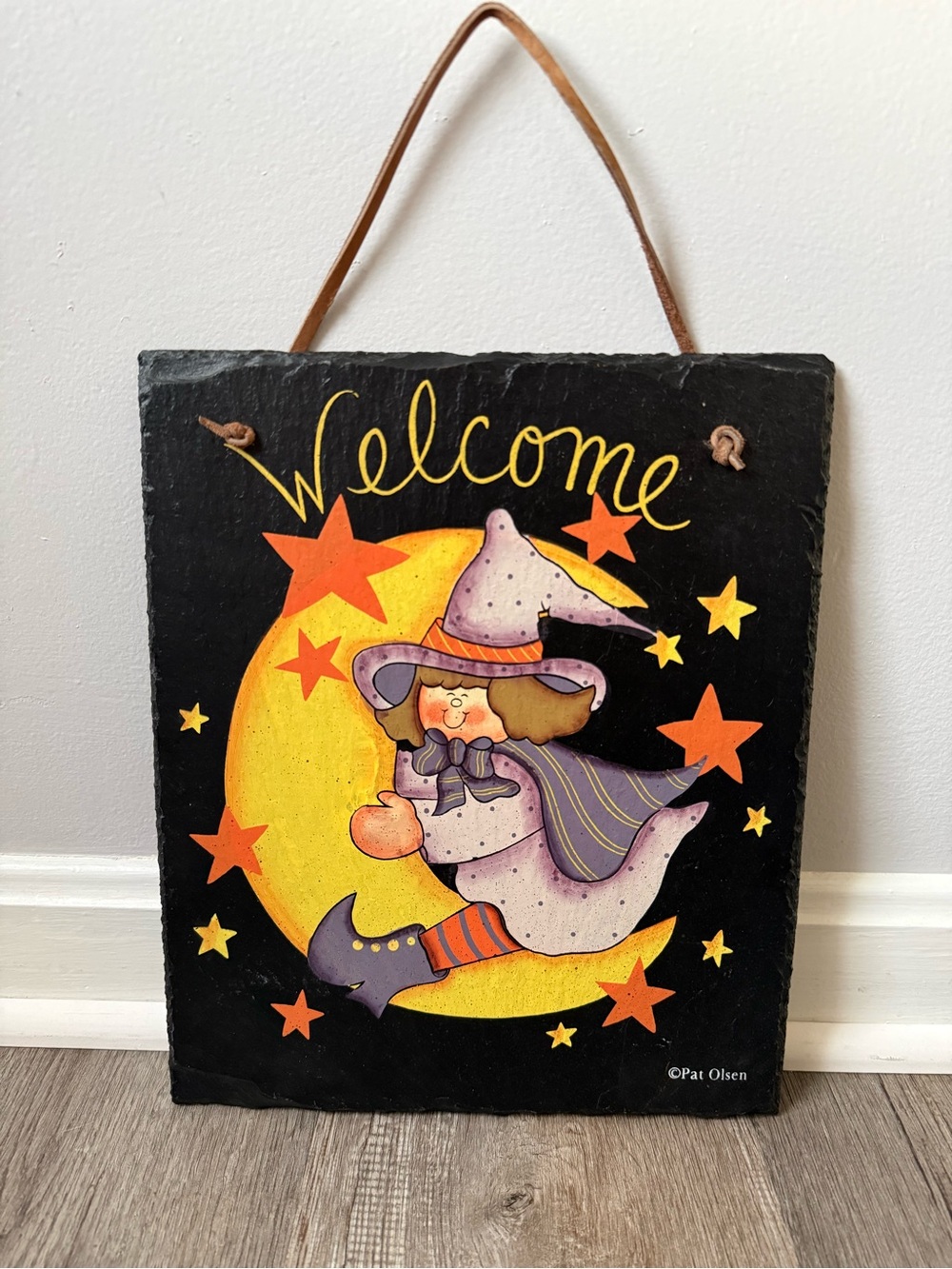 Vintage 90s Pat Olsen Welcome Wall Plaque Slate Halloween Moon Hang Wall Decor